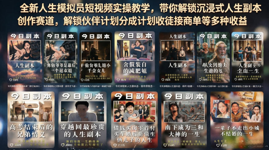 全新人生模拟员短视频实操教学，带你解锁沉浸式人生副本创作赛道，解锁伙伴计划分成计划收徒接商单等多种收益-知行阁轻创网-分享网络赚钱项目-全网首发副业项目实操平台-副业创业项目网