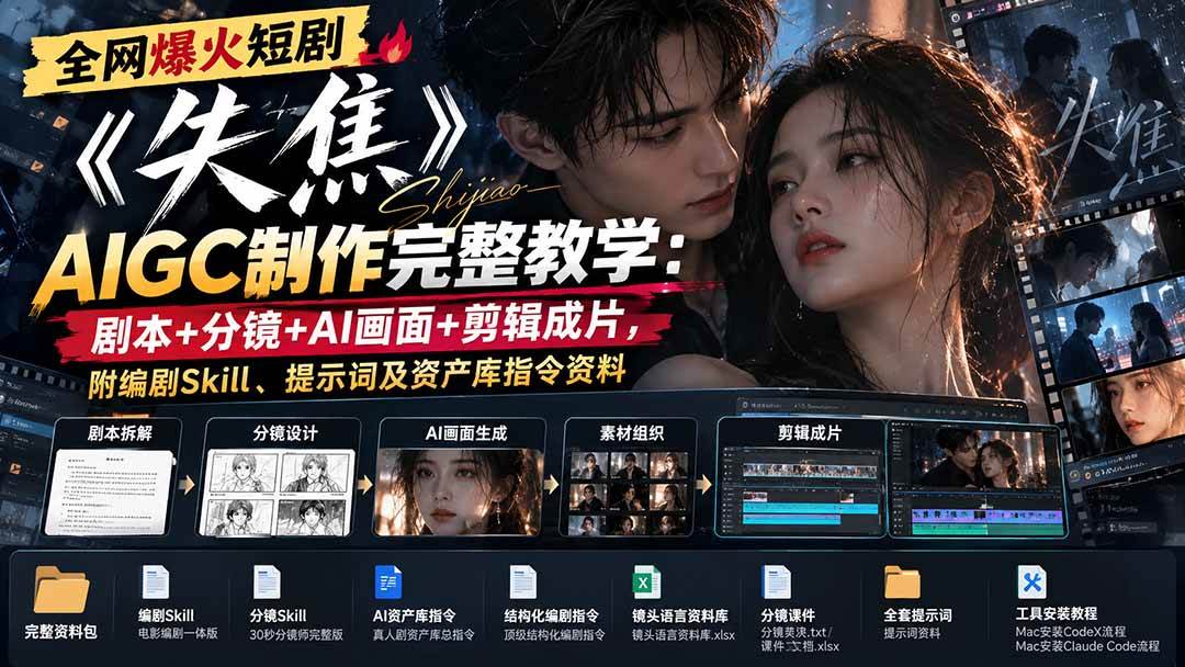 （20805期）全网爆火短剧《失焦》AIGC制作完整教学：剧本+分镜+AI画面+剪辑成片，附编剧Skill、提示词及资产库指令资料-知行阁轻创网-分享网络赚钱项目-全网首发副业项目实操平台-副业创业项目网