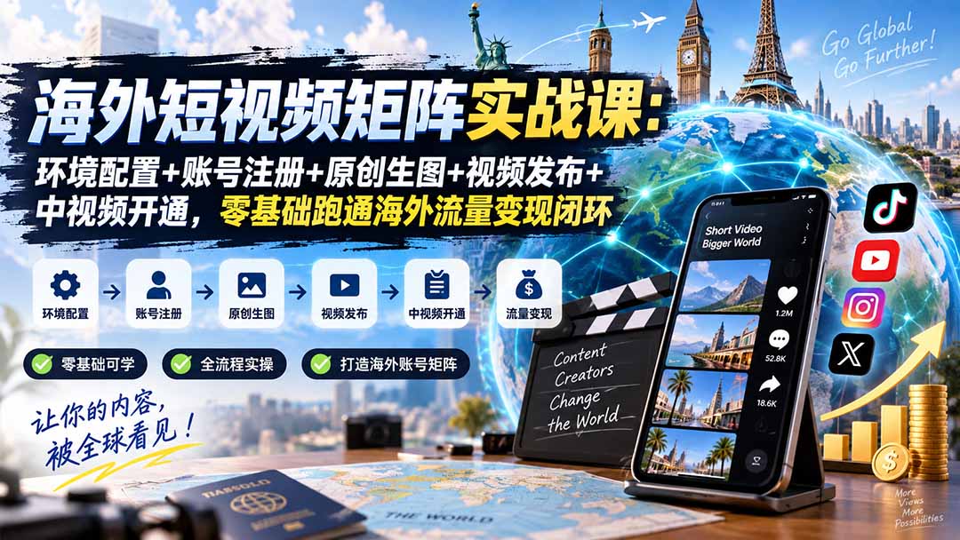 海外短视频矩阵实战课：环境配置+账号注册+原创生图+视频发布+中视频开通，零基础跑通海外流量变现闭环-知行阁轻创网-分享网络赚钱项目-全网首发副业项目实操平台-副业创业项目网
