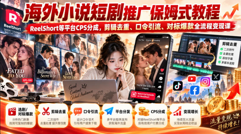 海外小说短剧推广保姆式教程｜ReelShort等平台CPS分成，剪辑去重、口令引流、对标爆款全流程变现课-知行阁轻创网-分享网络赚钱项目-全网首发副业项目实操平台-副业创业项目网