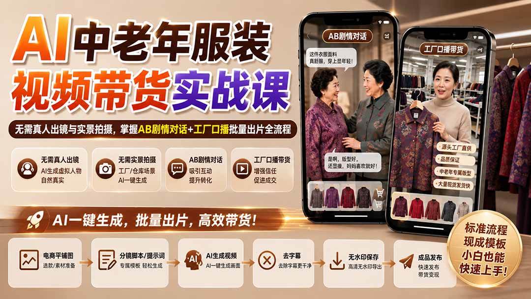 （20198期）AI中老年服装视频带货实战课：无需真人出镜与实景拍摄，掌握AB剧情对话+工厂口播批量出片全流程-知行阁轻创网-分享网络赚钱项目-全网首发副业项目实操平台-副业创业项目网