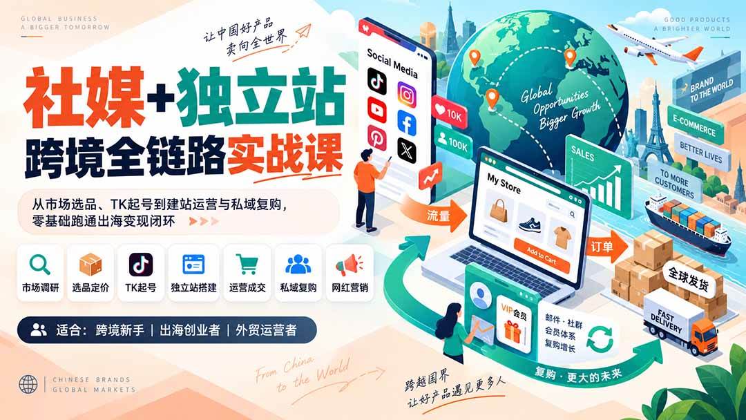 （20361期）社媒+独立站跨境全链路实战课：从市场选品、TK起号到建站运营与私域复购，零基础跑通出海变现闭环-知行阁轻创网-分享网络赚钱项目-全网首发副业项目实操平台-副业创业项目网