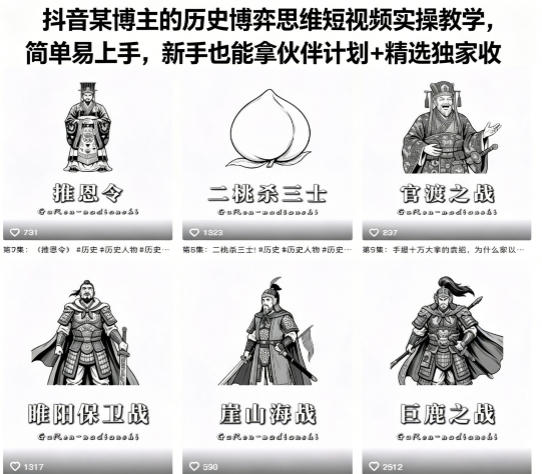 抖音某博主的历史博弈思维短视频实操教学，简单易上手，新手也能拿伙伴计划+精选独家收益-知行阁轻创网-分享网络赚钱项目-全网首发副业项目实操平台-副业创业项目网