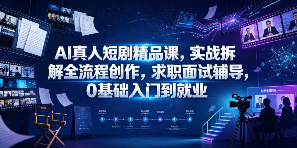 AI真人短剧精品课，实战拆解全流程创作，求职面试辅导，0基础入门到就业-知行阁轻创网-分享网络赚钱项目-全网首发副业项目实操平台-副业创业项目网