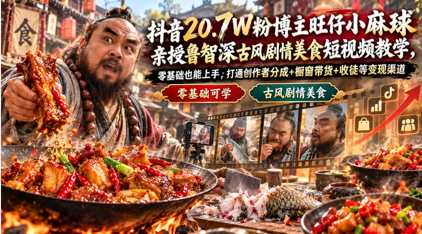 抖音20.7W粉博主旺仔小麻球亲授鲁智深古风剧情美食短视频教学,零基础也能上手,打通创作者分成+橱窗带货+收徒等变现渠道 抖音20.7W粉博主旺仔小麻球亲授鲁智深古风剧情美食短视频教学,零基础也能上手,打通创作者分成+橱窗带货+收徒等变现渠道
