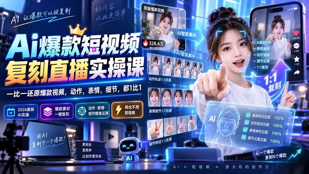 （20304期）最新Ai爆款短视频复刻直播实操课，一比一还原爆款视频，动作，表情，细节，都1比1-知行阁轻创网-分享网络赚钱项目-全网首发副业项目实操平台-副业创业项目网