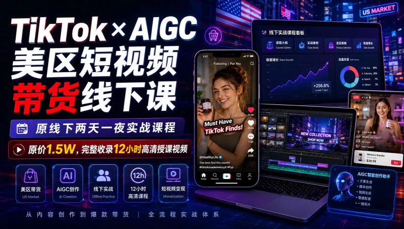 TikTok×AIGC美区短视频带货线下课,原线下两天一夜实战课程,原价1.5W,完整收录12小时高清授课视频-知行阁轻创网-分享网络赚钱项目-全网首发副业项目实操平台-副业创业项目网