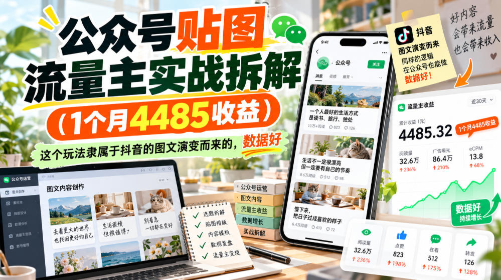 公众号贴图流量主实战拆解(1个月4485收益)，这个玩法隶属于抖音的图文演变而来的，数据好-知行阁轻创网-分享网络赚钱项目-全网首发副业项目实操平台-副业创业项目网
