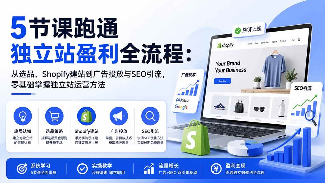 （20316期）5节课跑通独立站盈利全流程：从选品、Shopify建站到广告投放与SEO引流，零基础掌握独立站运营方法-知行阁轻创网-分享网络赚钱项目-全网首发副业项目实操平台-副业创业项目网