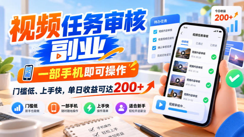 视频任务审核副业,一部手机即可操作,门槛低、上手快,单日收益可达200+【揭秘】-知行阁轻创网-分享网络赚钱项目-全网首发副业项目实操平台-副业创业项目网