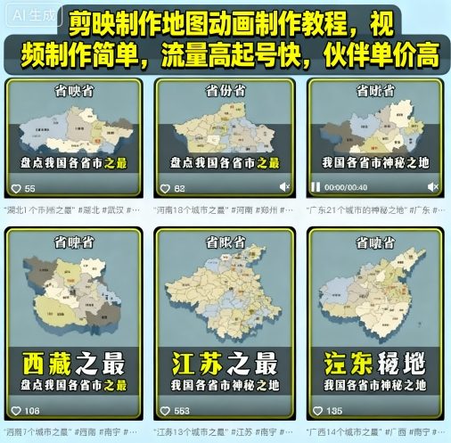 剪映制作地图动画制作教程，视频制作简单，流量高起号快，伙伴单价高-知行阁轻创网-分享网络赚钱项目-全网首发副业项目实操平台-副业创业项目网