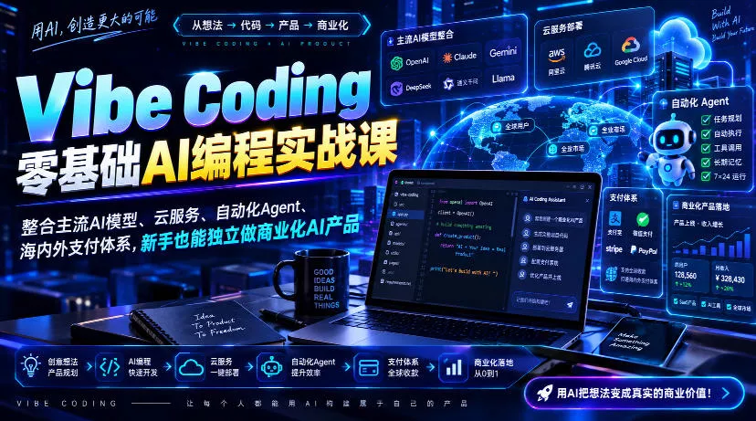 Vibe Coding零基础AI编程实战课-无水印，整合主流AI模型、云服务、自动化Agent、海内外支付体系，新手也能独立做商业化AI产品-知行阁轻创网-分享网络赚钱项目-全网首发副业项目实操平台-副业创业项目网