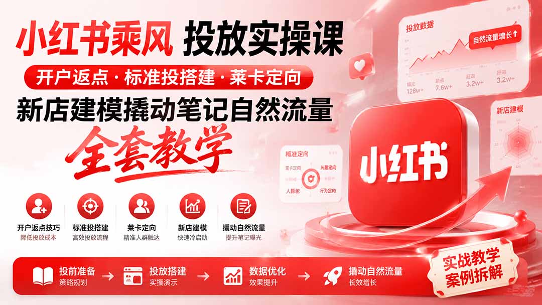 小红书乘风投放-100分钟实操课|开户返点·标准投搭建·莱卡定向,新店建模撬动笔记自然流量全套教学-知行阁轻创网-分享网络赚钱项目-全网首发副业项目实操平台-副业创业项目网