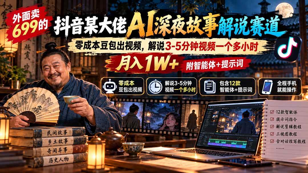 （20853期）外面卖699抖音某大佬AI深夜故事解说赛道-更新：0成本豆包出视频+解说3-5分钟视频一个多小时，月入1W+附智能体+提示词-知行阁轻创网-分享网络赚钱项目-全网首发副业项目实操平台-副业创业项目网