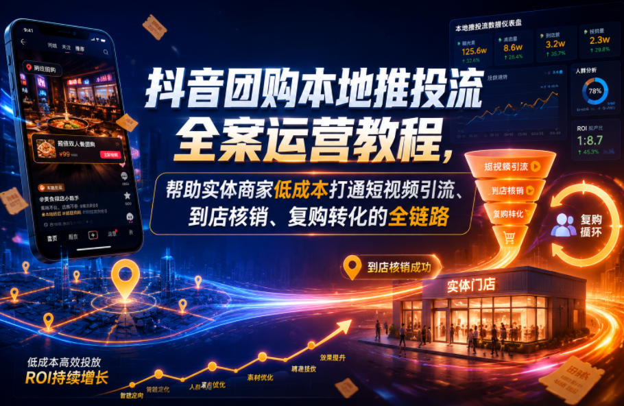 抖音团购本地推投流全案运营教程,帮助实体商家低成本打通短视频引流、到店核销、复购转化的全链路-知行阁轻创网-分享网络赚钱项目-全网首发副业项目实操平台-副业创业项目网
