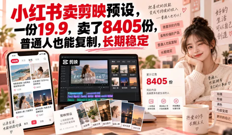 小红书卖剪映预设,一份19.9,卖了8405份,普通人也能复制,长期稳定-知行阁轻创网-分享网络赚钱项目-全网首发副业项目实操平台-副业创业项目网