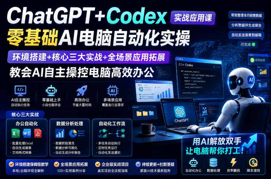 ChatGPT+Codex实战应用课｜零基础AI电脑自动化实操，环境搭建+核心三大实战+全场景应用拓展，教会AI自主操控电脑高效办公-知行阁轻创网-分享网络赚钱项目-全网首发副业项目实操平台-副业创业项目网