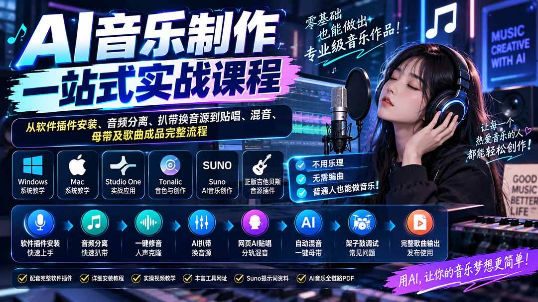 （20490期）AI音乐制作一站式实战课程：从软件插件安装、音频分离、扒带换音源到贴唱、混音、母带及歌曲成品完整流程-知行阁轻创网-分享网络赚钱项目-全网首发副业项目实操平台-副业创业项目网