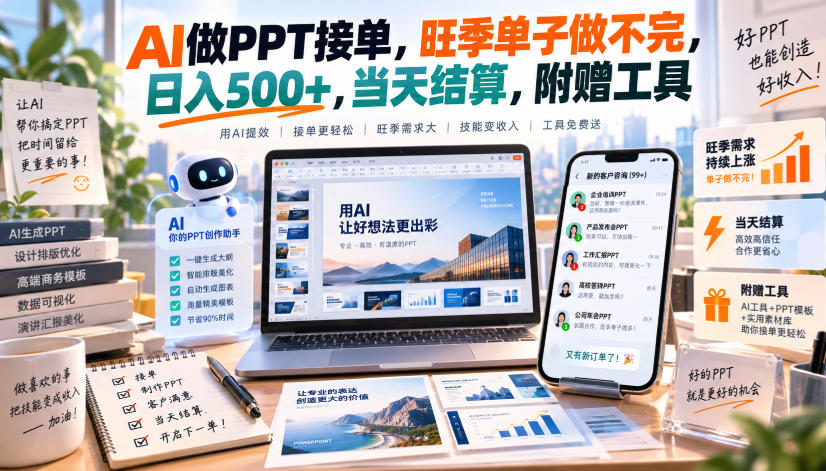 AI做PPT接单，旺季单子做不完，日入500+，当天结算，附赠工具【揭秘】-知行阁轻创网-分享网络赚钱项目-全网首发副业项目实操平台-副业创业项目网
