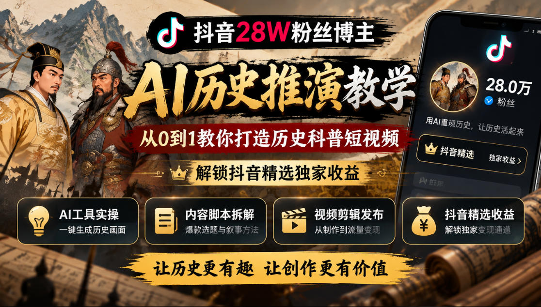 抖音28W粉丝博主的AI历史推演教学，从0到1教你打造历史科普短视频，解锁抖音精选独家收益-知行阁轻创网-分享网络赚钱项目-全网首发副业项目实操平台-副业创业项目网
