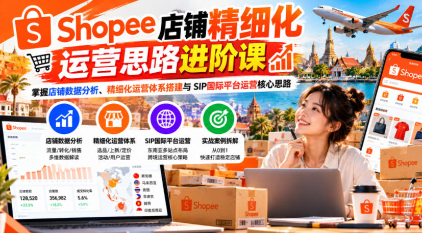 Shopee店铺精细化运营思路进阶课，掌握店铺数据分析、精细化运营体系搭建与SIP国际平台运营核心思路-知行阁轻创网-分享网络赚钱项目-全网首发副业项目实操平台-副业创业项目网