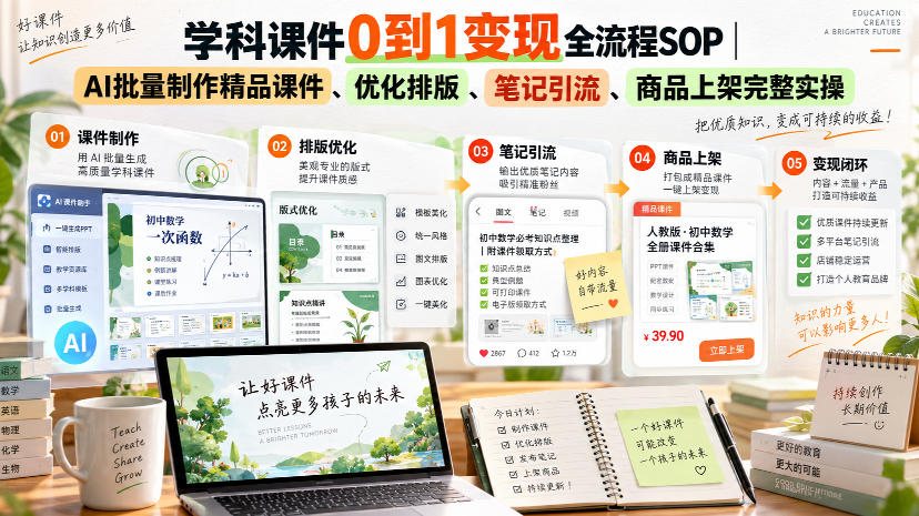 学科课件0到1变现全流程SOP｜AI批量制作精品课件、优化排版、笔记引流、商品上架完整实操-知行阁轻创网-分享网络赚钱项目-全网首发副业项目实操平台-副业创业项目网