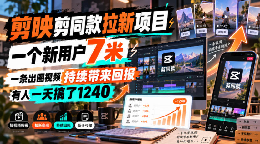 剪映剪同款拉新项目，一个新用户7米，一条出圈视频持续带来回报，有人一天搞了1240-知行阁轻创网-分享网络赚钱项目-全网首发副业项目实操平台-副业创业项目网
