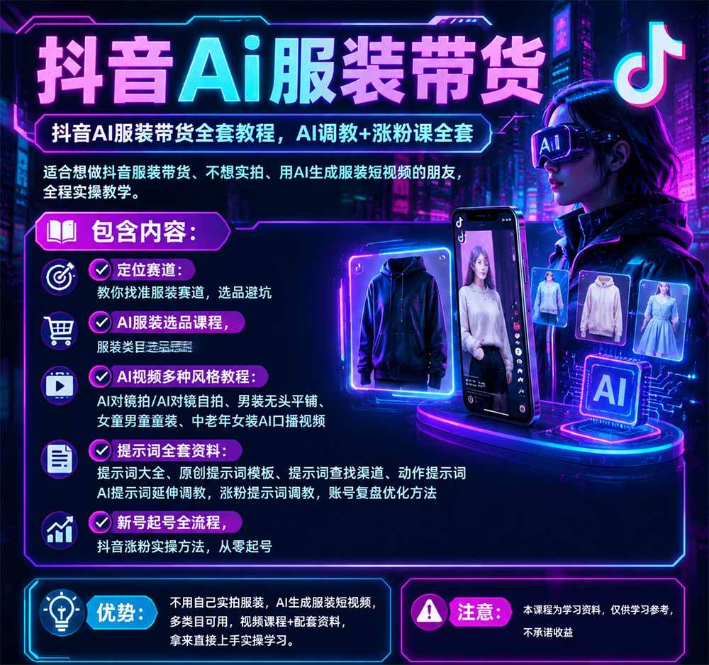 （20960期）不用真人出镜的抖音AI服装带货课：AI对镜自拍、童装男装女装视频制作、起号涨粉，附提示词大全与调教模板-知行阁轻创网-分享网络赚钱项目-全网首发副业项目实操平台-副业创业项目网