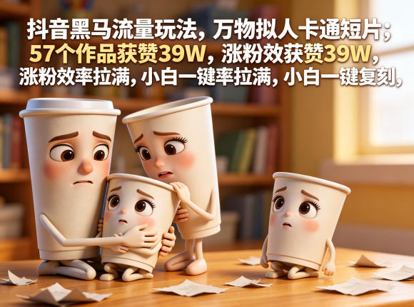 抖音黑马流量玩法，万物拟人卡通短片，57个作品获赞39W，涨粉效率拉满，小白一键复刻，保姆级拆解-知行阁轻创网-分享网络赚钱项目-全网首发副业项目实操平台-副业创业项目网