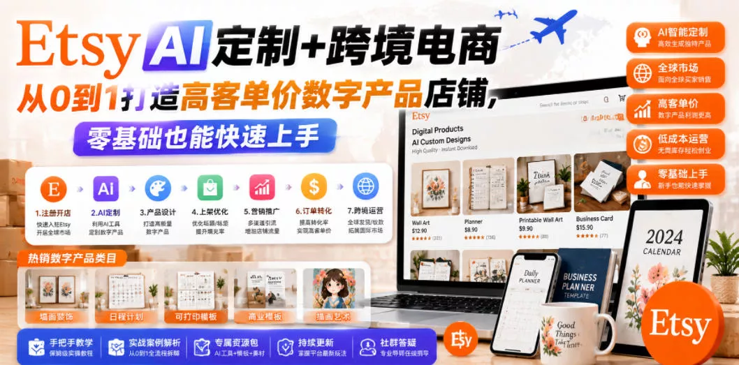 Etsy AI定制+跨境电商,从0到1打造高客单价数字产品店铺,零基础也能快速上手-知行阁轻创网-分享网络赚钱项目-全网首发副业项目实操平台-副业创业项目网