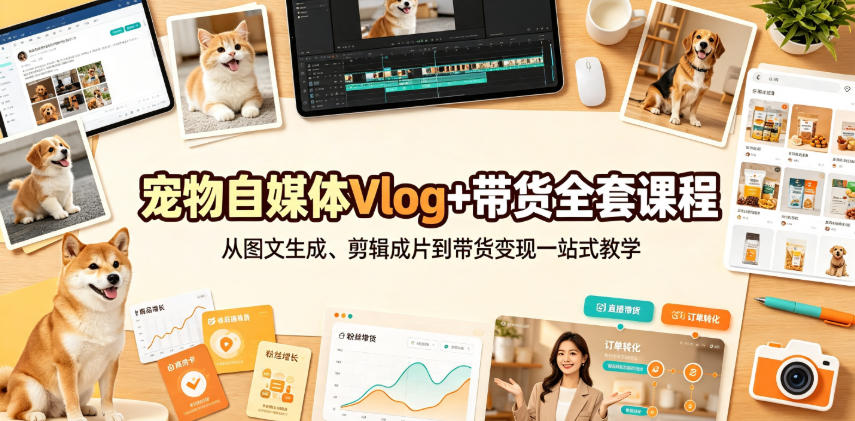 宠物自媒体Vlog+带货全套课程|从图文生成、剪辑成片到带货变现一站式教学 宠物自媒体Vlog+带货全套课程|从图文生成、剪辑成片到带货变现一站式教学