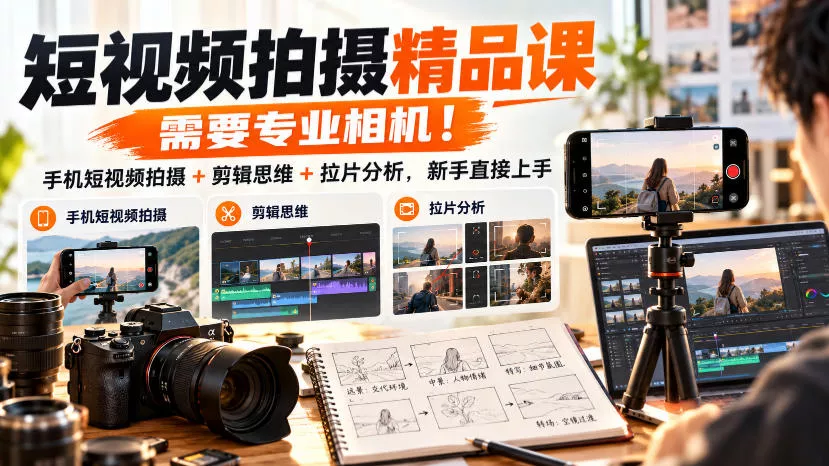短视频拍摄精品课，需要专业相机！手机短视频拍摄+剪辑思维+拉片分析，新手直接上手-知行阁轻创网-分享网络赚钱项目-全网首发副业项目实操平台-副业创业项目网