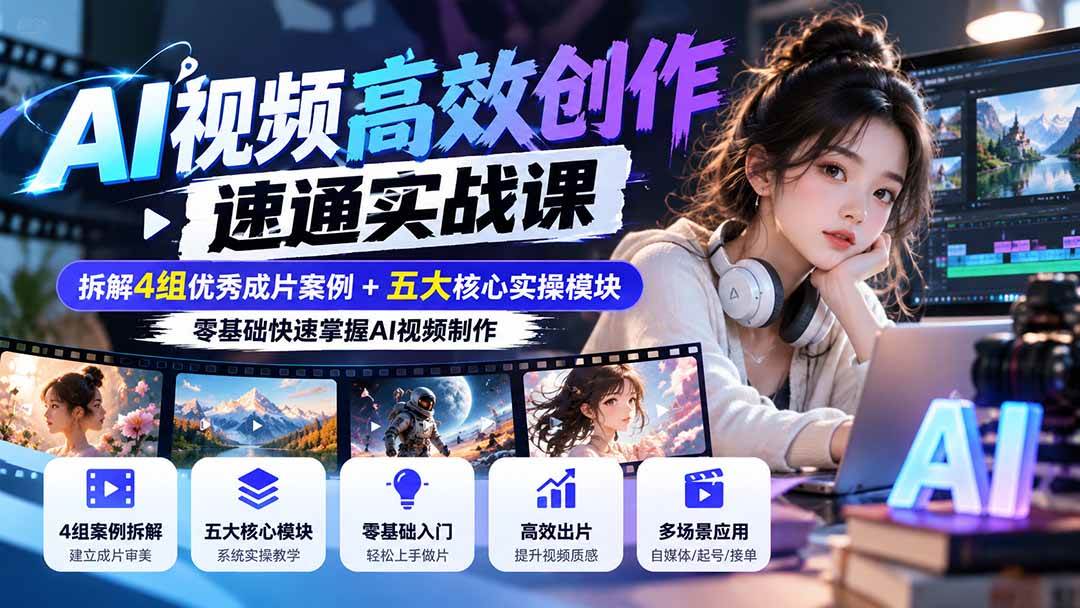 （20819期）【无水印】AI视频高效创作速通实战课：拆解4组优秀成片案例+五大核心实操模块，零基础快速掌握AI视频制作-知行阁轻创网-分享网络赚钱项目-全网首发副业项目实操平台-副业创业项目网
