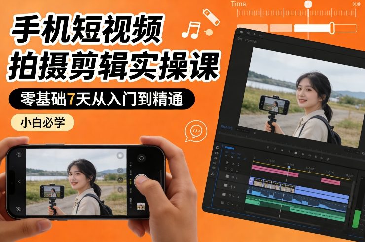 手机短视频拍摄剪辑实操课，零基础7天从入门到精通，小白必学-知行阁轻创网-分享网络赚钱项目-全网首发副业项目实操平台-副业创业项目网