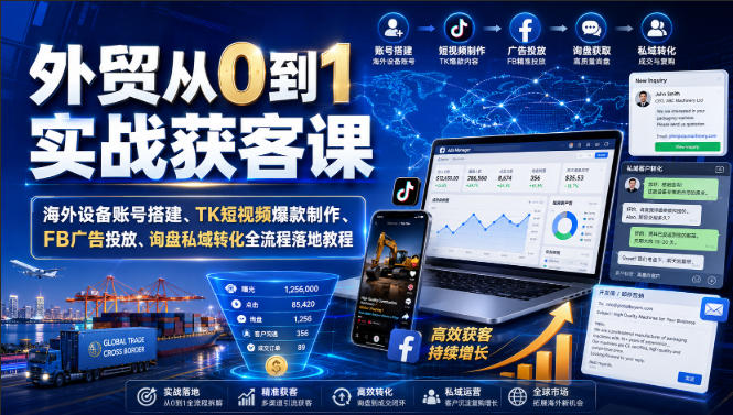 外贸从0到1实战获客课｜海外设备账号搭建、TK短视频爆款制作、FB广告投放、询盘私域转化全流程落地教程-知行阁轻创网-分享网络赚钱项目-全网首发副业项目实操平台-副业创业项目网