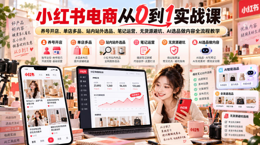 小红书电商从0到1实战课｜养号开店、单店多品、站内站外选品、笔记运营、无货源避坑、AI选品做内容全流程教学-知行阁轻创网-分享网络赚钱项目-全网首发副业项目实操平台-副业创业项目网