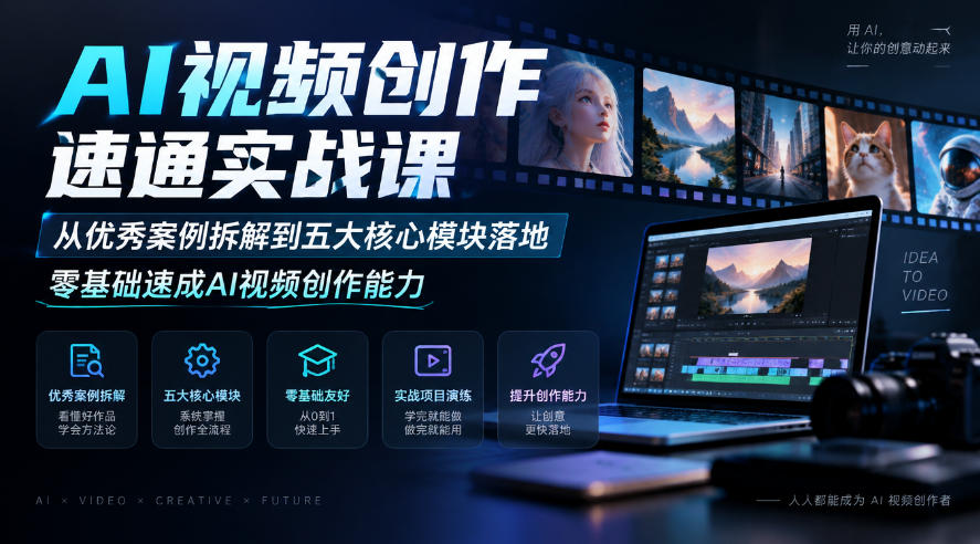 AI视频创作速通实战课｜从优秀案例拆解到五大核心模块落地，零基础速成AI视频创作能力-知行阁轻创网-分享网络赚钱项目-全网首发副业项目实操平台-副业创业项目网