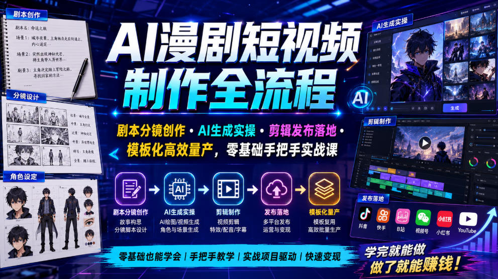 AI漫剧短视频制作全流程|剧本分镜创作・AI生成实操・剪辑发布落地・模板化高效量产,零基础手把手实战课-知行阁轻创网-分享网络赚钱项目-全网首发副业项目实操平台-副业创业项目网