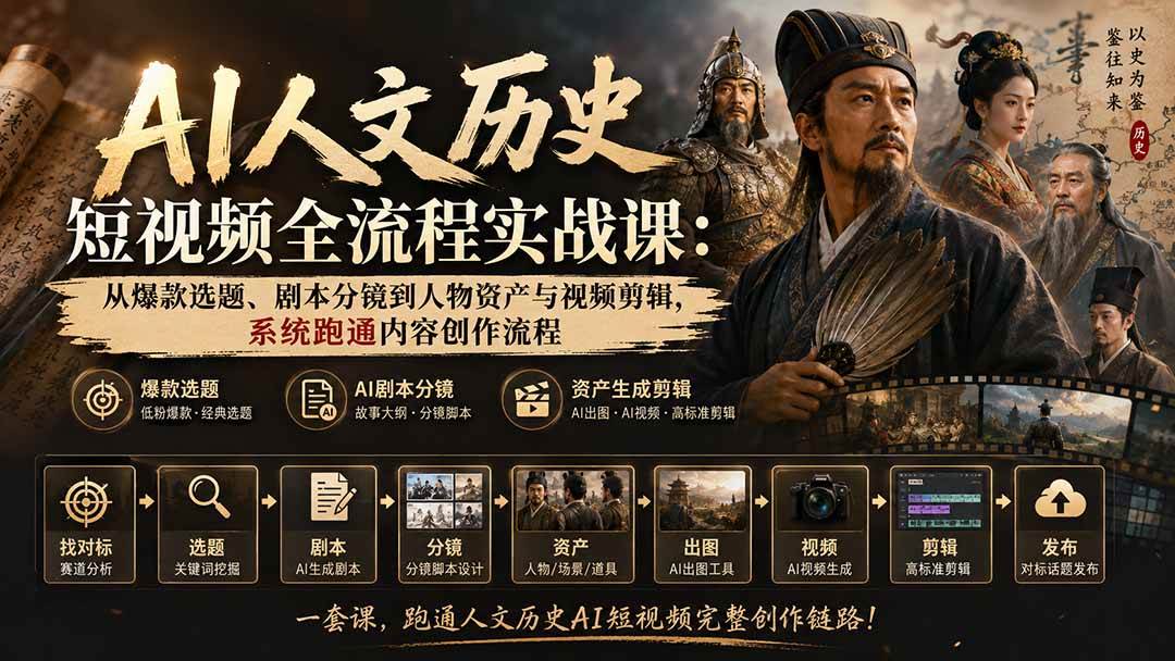 （20476期）AI人文历史短视频全流程实战课-更新：从爆款选题、剧本分镜到人物资产与视频剪辑，系统跑通内容创作流程-知行阁轻创网-分享网络赚钱项目-全网首发副业项目实操平台-副业创业项目网