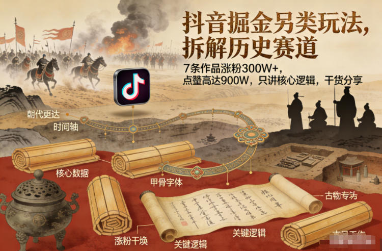 抖音掘金另类玩法，拆解历史赛道，7条作品涨粉300W+，点赞量高达900W，只讲核心逻辑，干货分享-知行阁轻创网-分享网络赚钱项目-全网首发副业项目实操平台-副业创业项目网