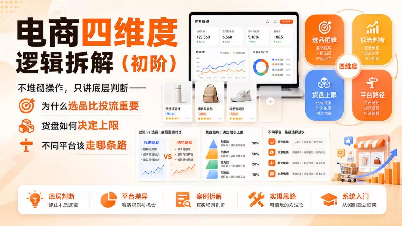 电商四维度逻辑拆解(初阶)不堆砌操作，只讲底层判断——为什么选品比投流重要、货盘如何决定上限、不同平台该走哪条路-知行阁轻创网-分享网络赚钱项目-全网首发副业项目实操平台-副业创业项目网
