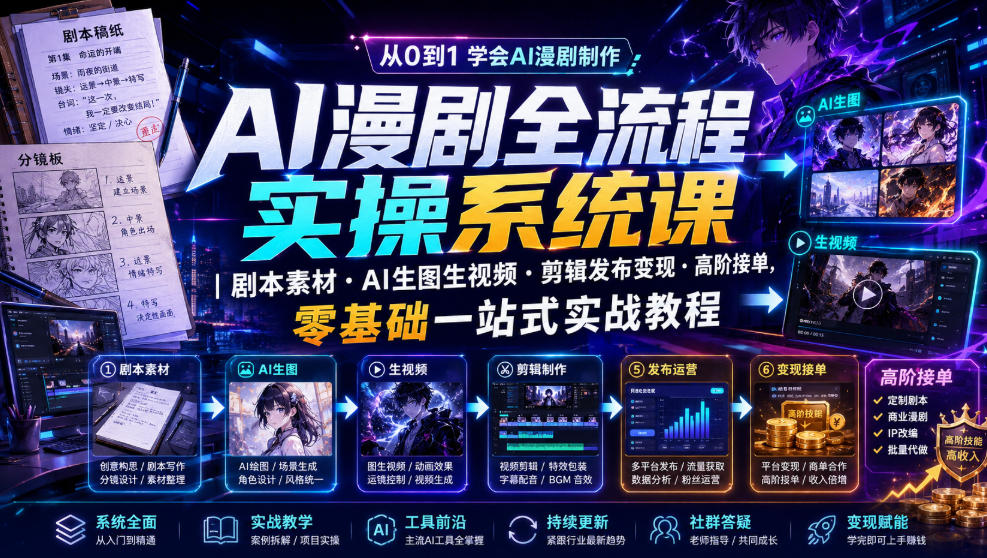 AI漫剧全流程实操系统课|剧本素材・AI生图生视频・剪辑发布变现・高阶接单,零基础一站式实战教程-知行阁轻创网-分享网络赚钱项目-全网首发副业项目实操平台-副业创业项目网