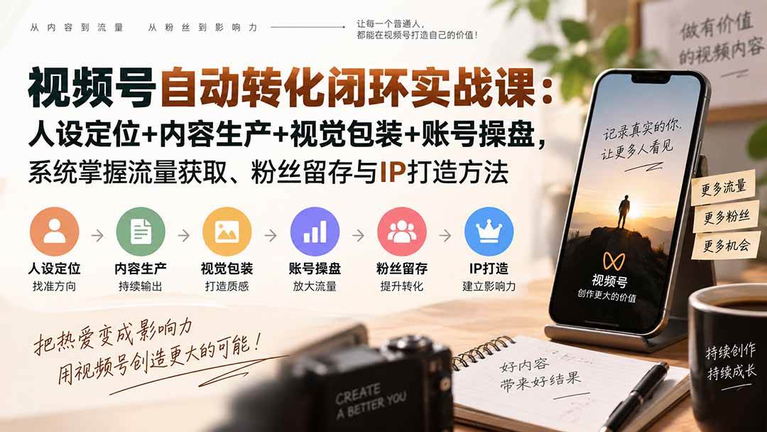 （20327期）视频号自动转化闭环实战课：人设定位+内容生产+视觉包装+账号操盘，系统掌握流量获取、粉丝留存与IP打造方法-知行阁轻创网-分享网络赚钱项目-全网首发副业项目实操平台-副业创业项目网