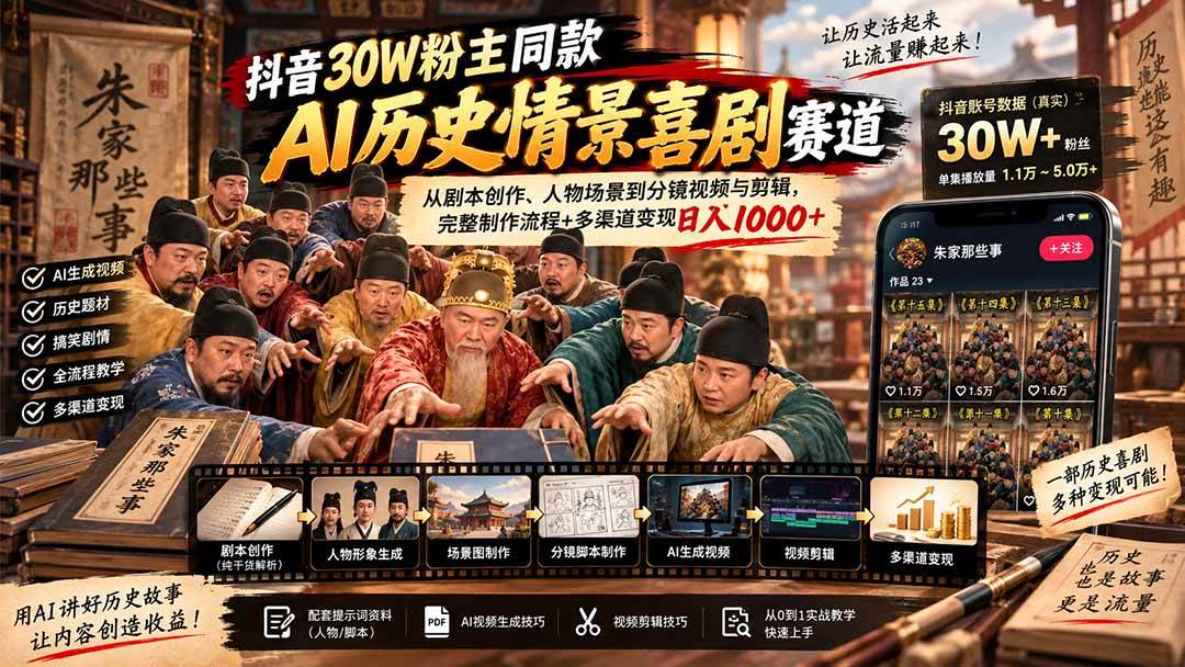 (20613期)抖音30W粉博主同款AI历史情景喜剧赛道:从剧本创作、人物场景到分镜视频与剪辑,完整制作流程+多渠道变现日入1000+ (20613期)抖音30W粉博主同款AI历史情景喜剧赛道:从剧本创作、人物场景到分镜视频与剪辑,完整制作流程+多渠道变现日入1000+