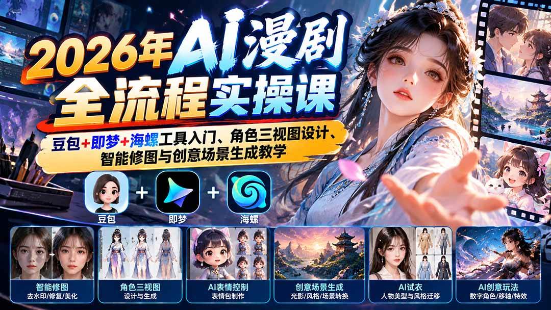 （21077期）2026年AI漫剧全流程实操课：豆包+即梦+海螺工具入门、角色三视图设计、智能修图与创意场景生成教学-知行阁轻创网-分享网络赚钱项目-全网首发副业项目实操平台-副业创业项目网