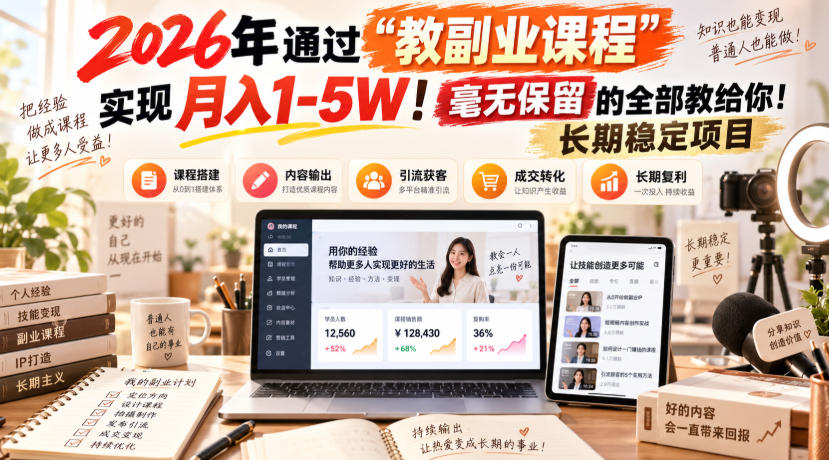 2026年通过“教副业”实现月入1-5W!毫无保留的全部教给你!长期稳定项目-知行阁轻创网-分享网络赚钱项目-全网首发副业项目实操平台-副业创业项目网
