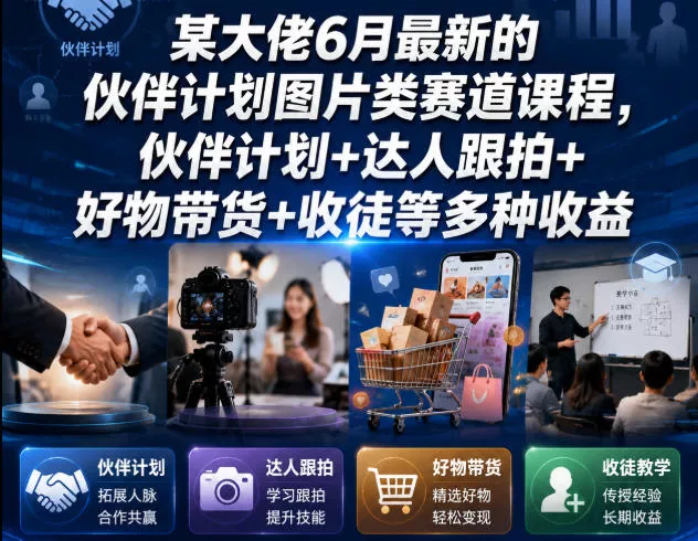 某大佬6月最新的伙伴计划图片类赛道课程，伙伴计划+达人跟拍+好物带货+收徒等多种收益-知行阁轻创网-分享网络赚钱项目-全网首发副业项目实操平台-副业创业项目网