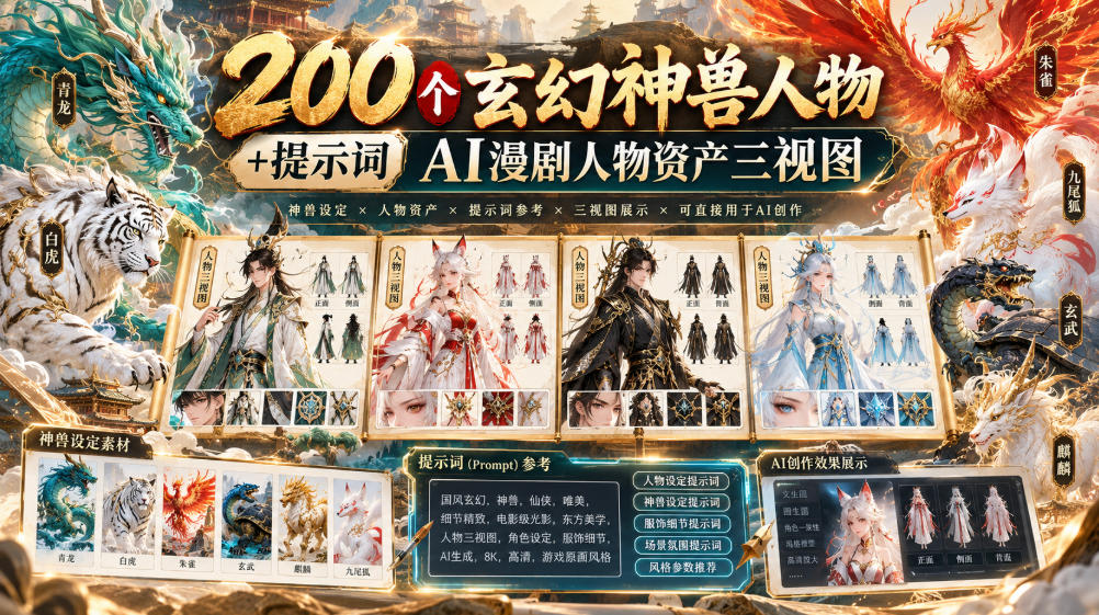 200个玄幻神兽人物+提示词ai漫剧人物资产三视图 200个玄幻神兽人物+提示词ai漫剧人物资产三视图