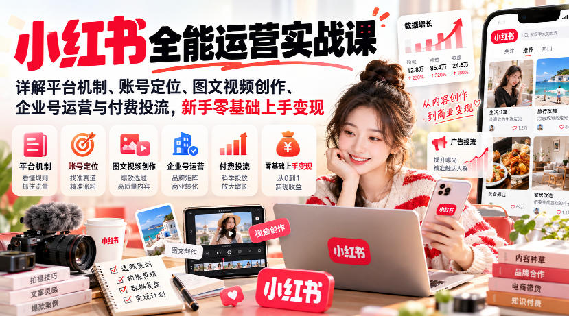 小红书全能运营实战课,详解平台机制、账号定位、图文视频创作、企业号运营与付费投流,新手零基础上手变现-知行阁轻创网-分享网络赚钱项目-全网首发副业项目实操平台-副业创业项目网