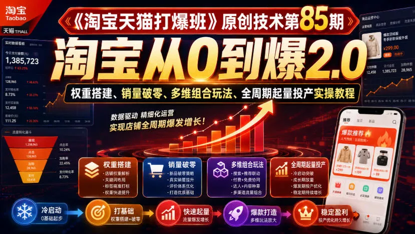 《淘宝天猫打爆班》原创技术第85期,淘宝从0到爆2.0,权重搭建、销量破零、多维组合玩法、全周期起量投产实操教程-知行阁轻创网-分享网络赚钱项目-全网首发副业项目实操平台-副业创业项目网